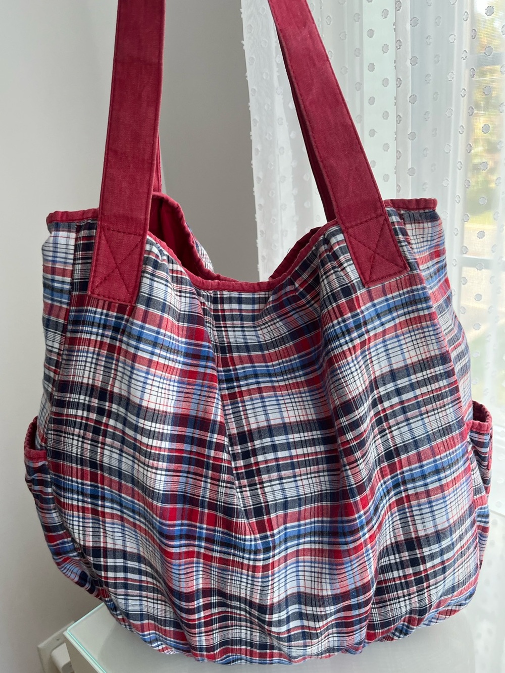 Levi Strauss Plaid Tote Bag with Red Handles